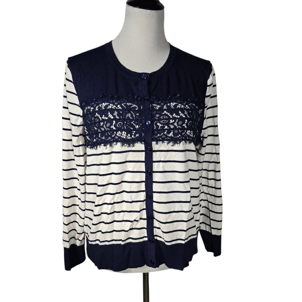 Charter Club XL Navy Blue and White Lace Striped Knit Cardigan